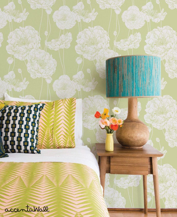 Peony Lime Green Peel & Stick Fabric Wallpaper Repositionable Etsy