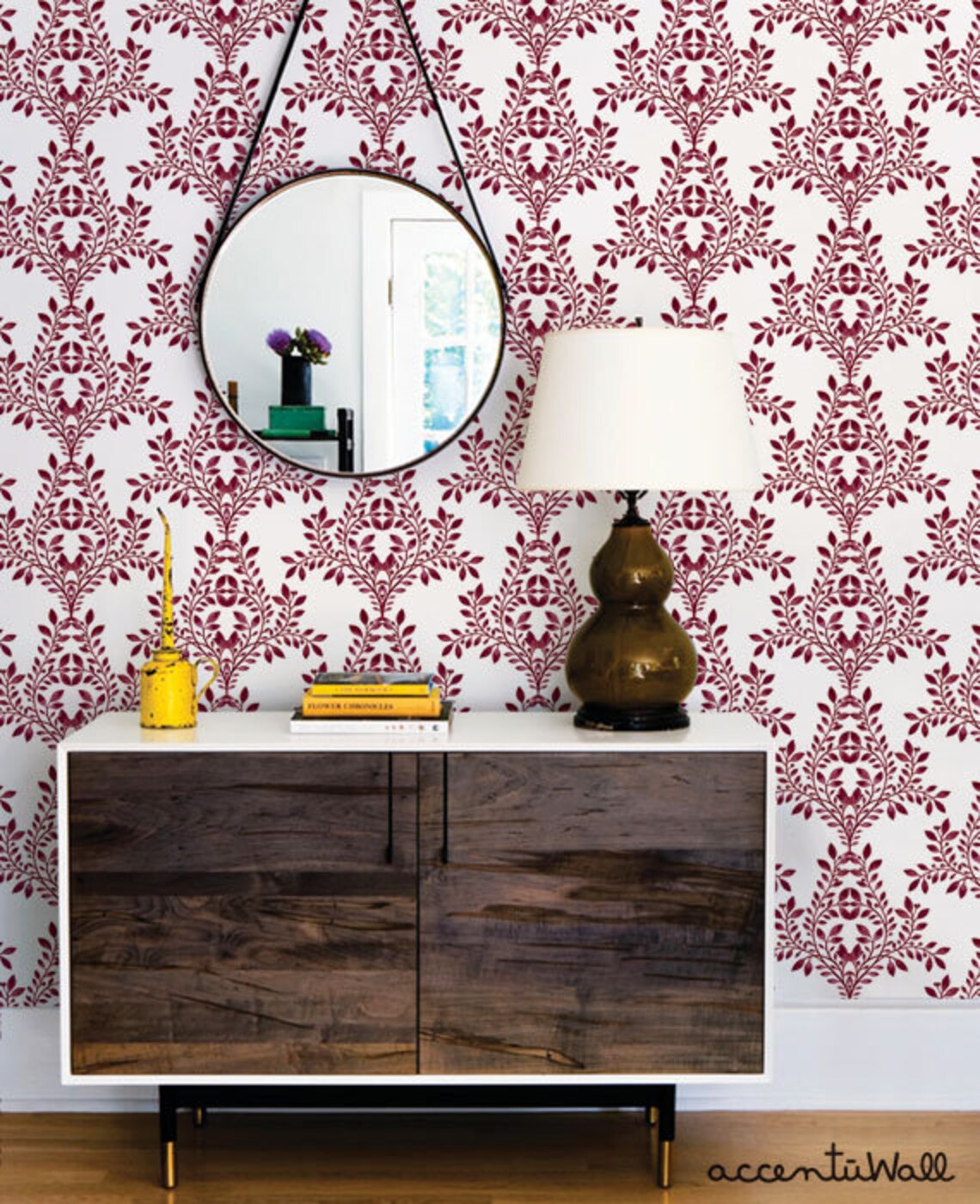 Damask Leaves Wallpaper Red Peel & Stick Fabric Wallpaper Etsy