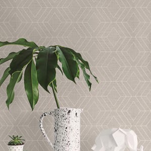 May include: A beige wallpaper with a geometric pattern of white lines forming diamonds. A green plant in a black and white polka dot pot, a white jug with black speckles, and a white origami elephant are on a white surface in front of the wallpaper.