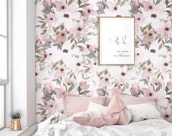 Watercolor Floral Mural Wall Covering | Pink Sage White | Peel and Stick or Unpasted Wallpaper Mural | Non-toxic