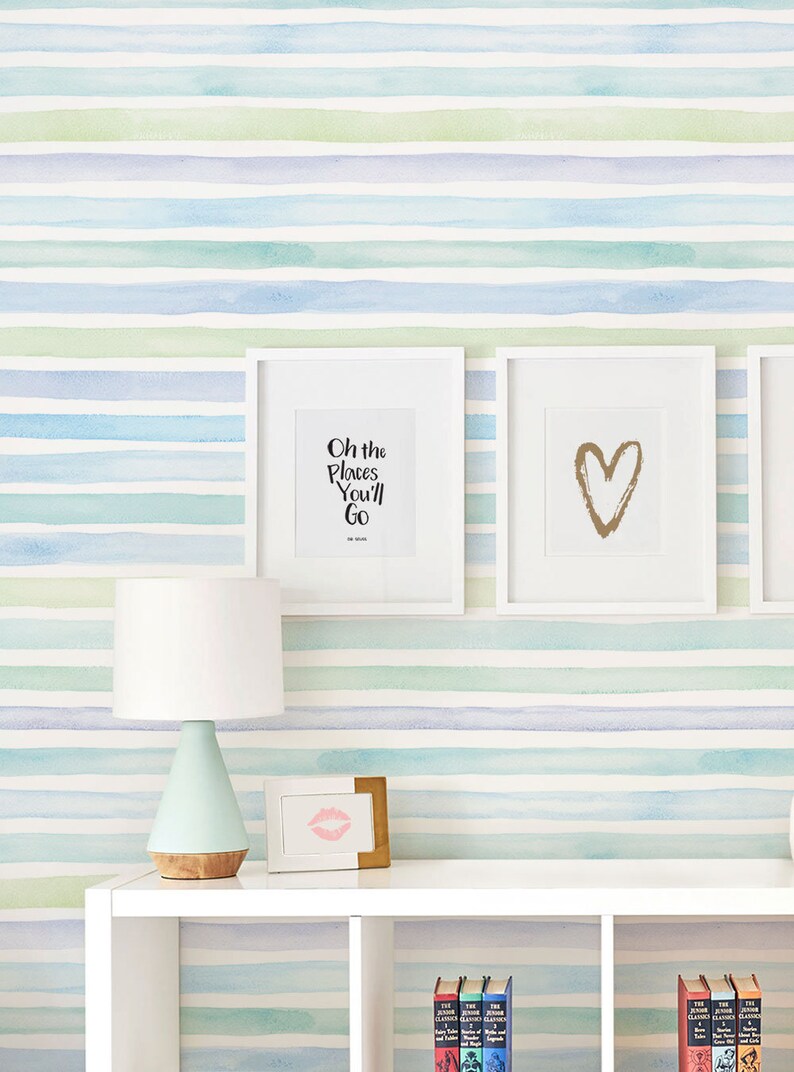 Watercolor Stripes Ocean Blue Peel & Stick Fabric Wallpaper Etsy
