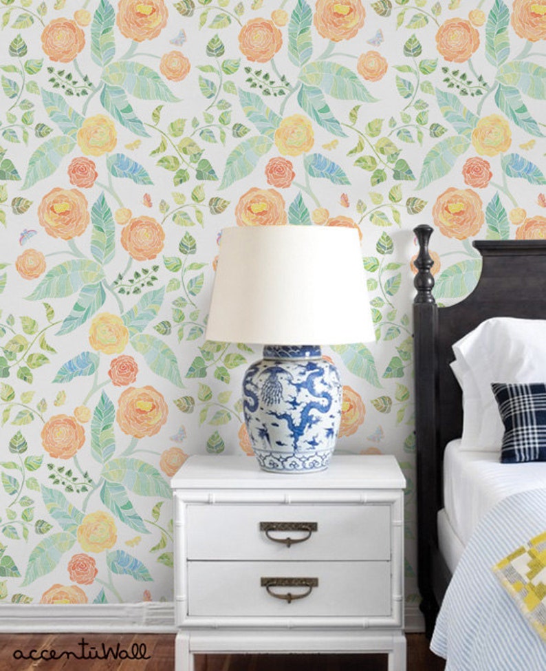 Spring Garden Flowers Orange Peel & Stick Fabric Wallpaper Etsy