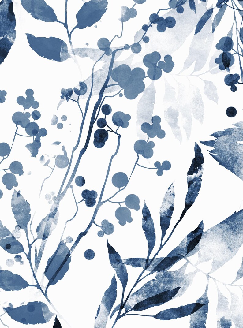 Aquarell Laub Wandbespannung | Indigoblau | Schälen und Aufkleben oder nicht eingefügte Tapete Wandbild | Ungiftig Bild 4
