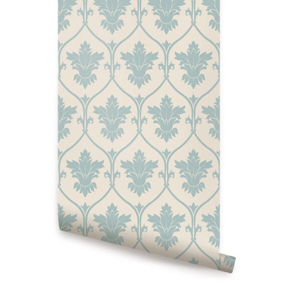 Damask Dusky Blue Peel & Stick Fabric Wallpaper Repositionable Etsy