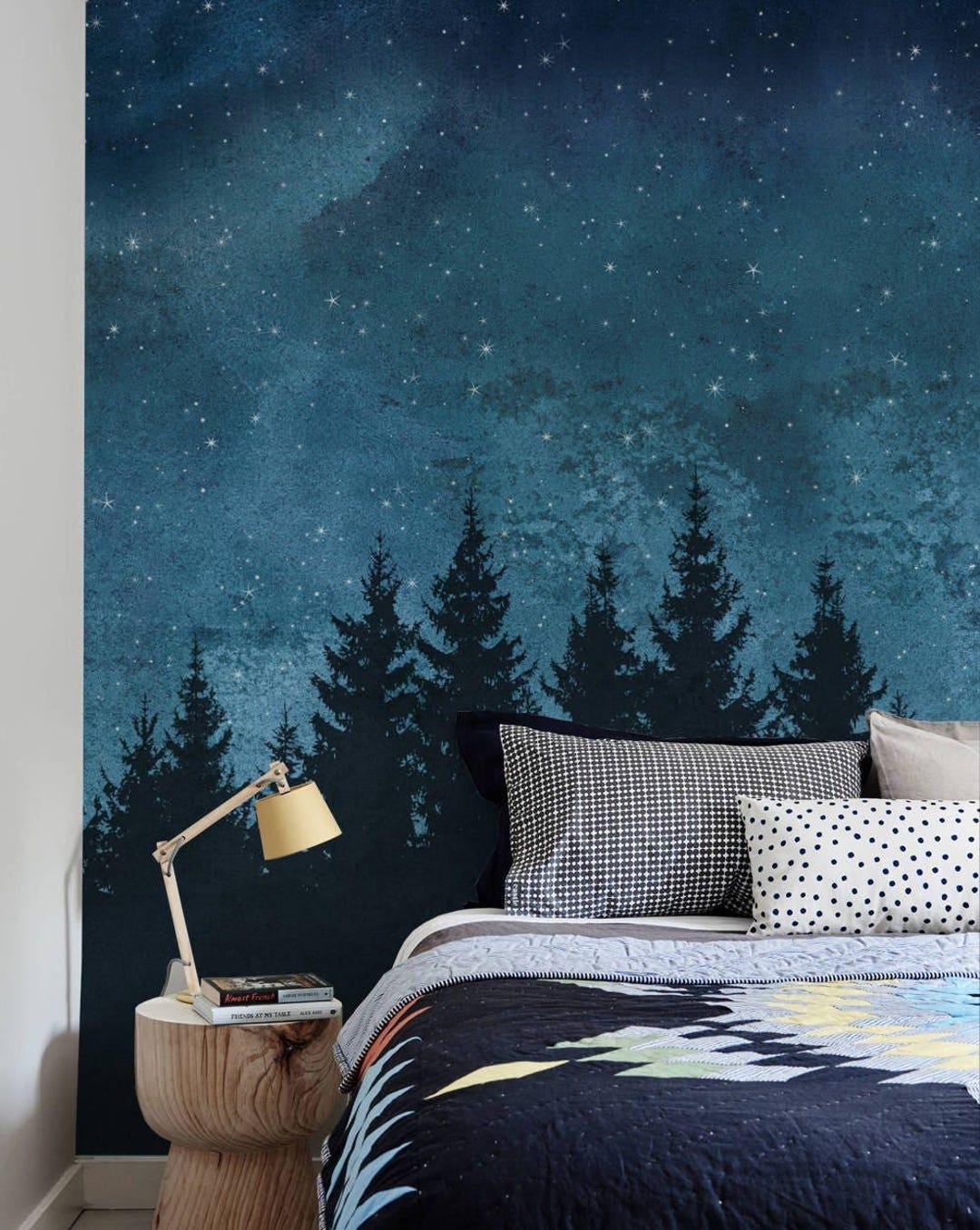 Forest Trees Night Sky Mural Wall Covering | Navy | Peel and Stick or ...