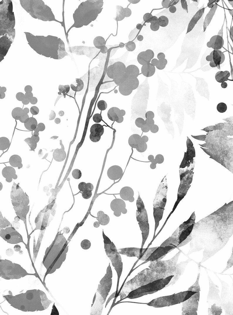 Watercolor Foliage Wall Covering | Black and White | Peel and Stick or Unpasted Wallpaper Mural | Non-toxic image 5
