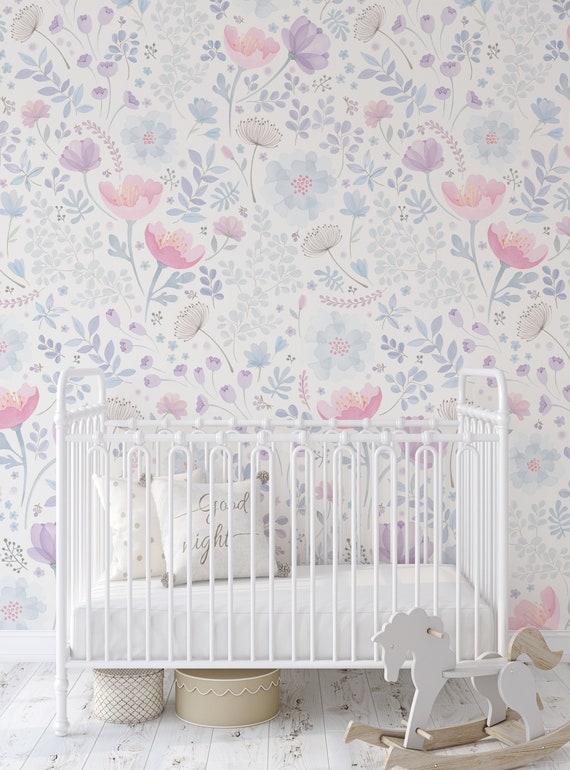 Whimsy Floral Watercolor Mural Wallpaper Pink Purple Peel Etsy