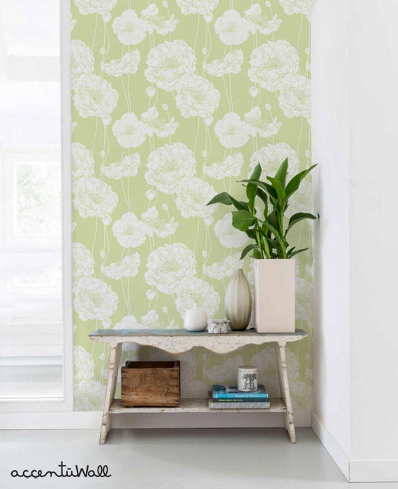 Peony Lime Green Peel & Stick Fabric Wallpaper Repositionable - Etsy