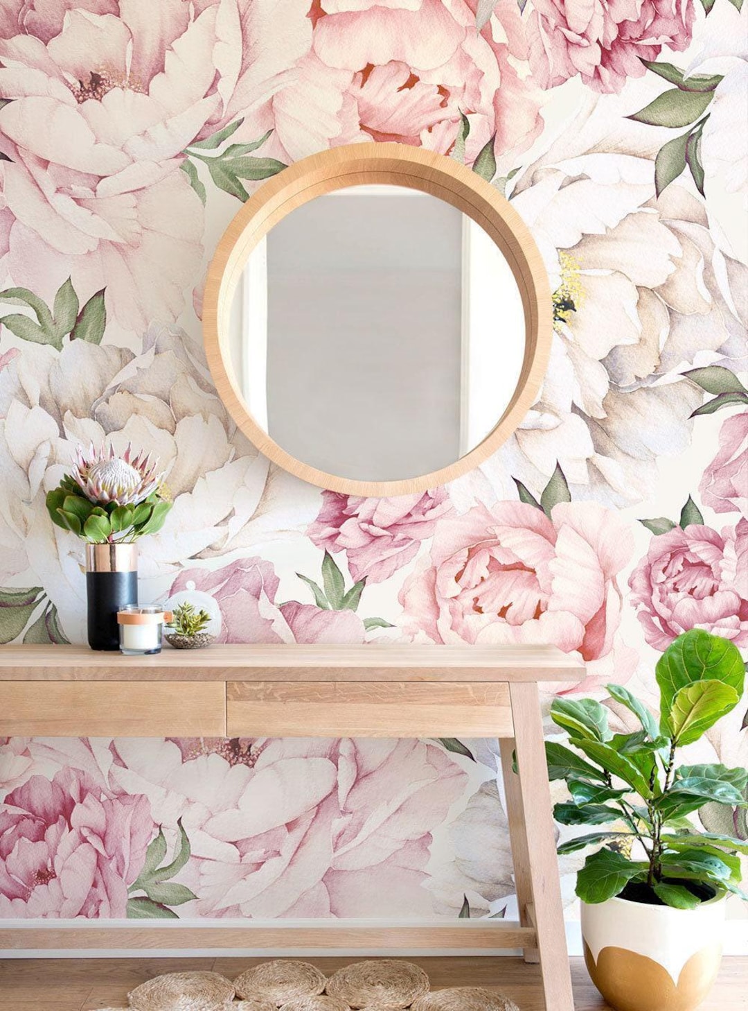 Watercolor Pink Peony Flower Mural | Peel and Stick Wallpaper - Etsy