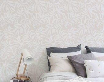 Tropical Palm Leaves Solid Wall Covering | Beige | Peel and Stick or Unpasted Wallpaper Mural | Non-toxic