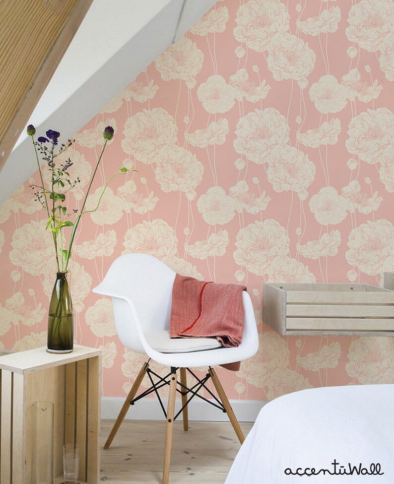 Peony Coral Pink Peel & Stick Fabric Wallpaper Repositionable Etsy