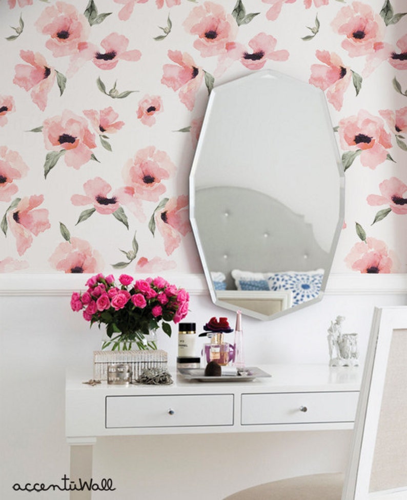 Floral Wallpaper Watercolor Poppy Flowers Pink, Peel & Stick Wallpaper Repositionable image 3