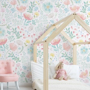 Whimsy Floral Watercolor Mural Wallpaper, Coral Mint,  Wall Mural