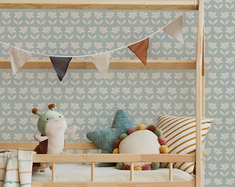 Free-form Floral Wall Covering | Blue Beige | Peel and Stick or Unpasted Wallpaper Mural | Non-toxic