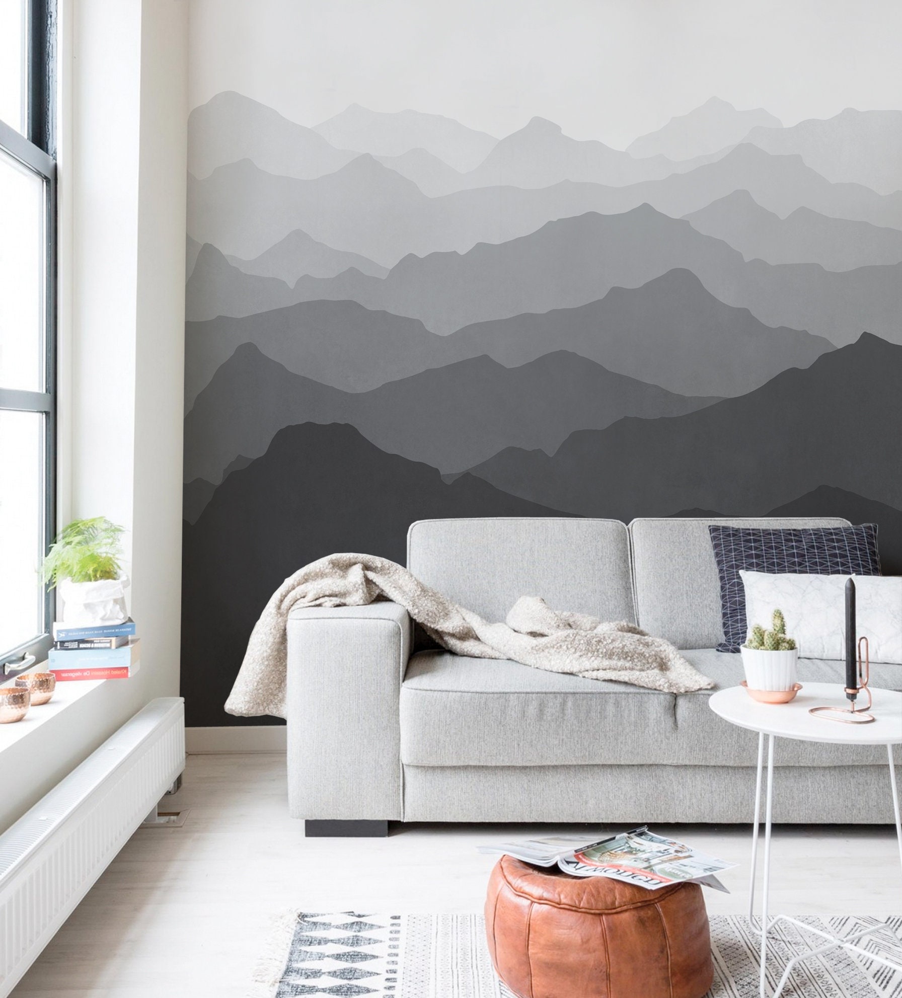 Mountain Mural Wallpaper Black and White Grey Ombre Mountain Etsy