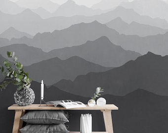 Black and White Mountain Ombre Mural  Wall Covering | Black and White | Peel and Stick or Unpasted Wallpaper Mural | Non-toxic