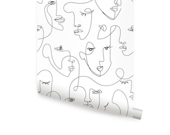 Minimalist Faces Line Art Black Peel & Stick  Wallpaper Repositionable