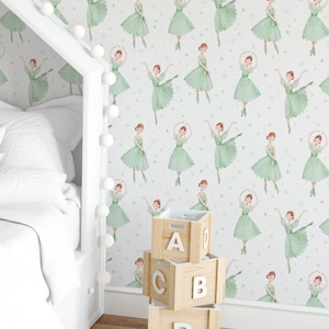 Ballerina Watercolor Wall Covering | Green | Peel &#39;n Stick or Unpasted Wallpaper Mural | Non-toxic