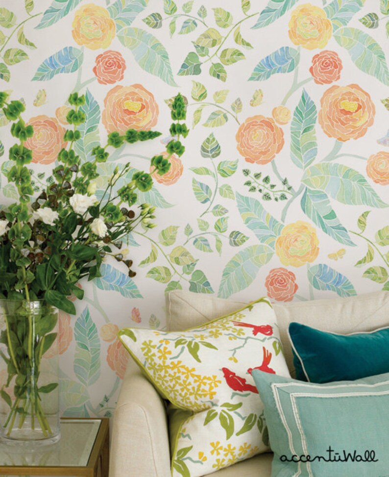 Spring Garden Flowers Orange Peel & Stick Fabric Wallpaper Etsy