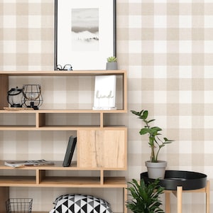 Puede incluir: Interior de salón moderno con estantería de madera clara. Las estanterías exhiben un paisaje en blanco y negro enmarcado, una pequeña suculenta y un letrero con la palabra "kind". Un cojín geométrico en blanco y negro proporciona un contraste de patrones.