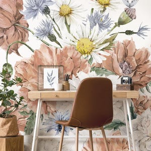 Mural de pared con diseño floral de prado vintage, azul coral, autoadhesivo o sin pegar, no tóxico.
