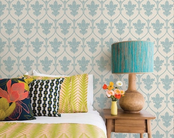 Damask Dusky Blue Peel & Stick  Wallpaper Repositionable