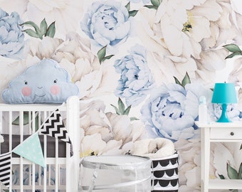 Peony Mural Flower Wall Covering | Blue | Peel and Stick or Unpasted Wallpaper Mural | Non-toxic
