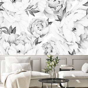 Peony Flower Mural Wallpaper, Black and White, Watercolor Peony Extra Large Wall Art, Peel and Stick Wall Mural image 4