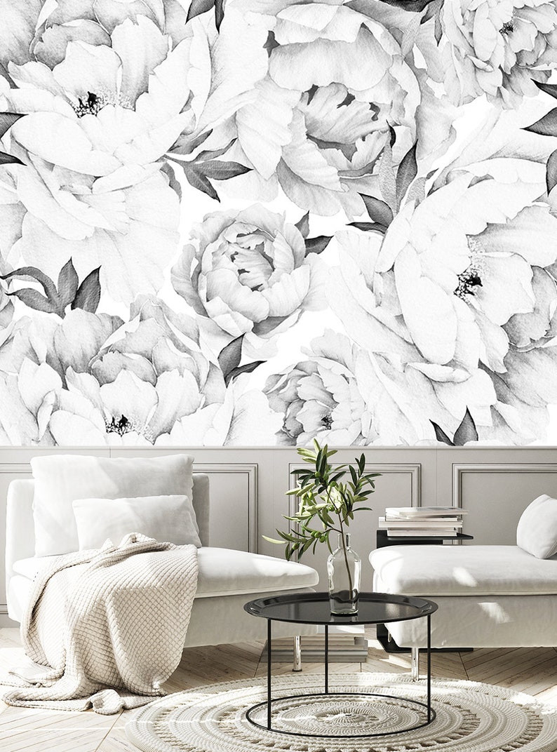 Peony Flower Mural Wallpaper, Black and White, Watercolor Peony Extra Large Wall Art, Peel and Stick Wall Mural image 4