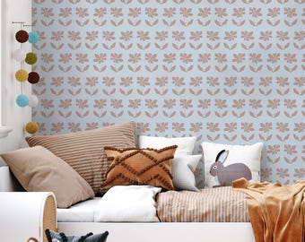 Free-form Floral Wall Covering | Terracotta Blue | Peel and Stick or Unpasted Wallpaper Mural | Non-toxic