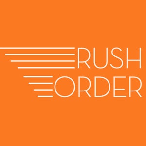 Può includere: Testo bianco su sfondo arancione che recita "Rush Order" con una grafica stilizzata di cinque linee bianche che rappresentano la velocità.