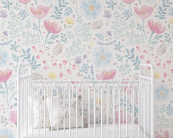 Whimsy Floral Watercolor Mural Wallpaper, Pink Blue, Peel and Stick Wall Mural
