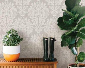 Damask Classic Wall Covering | Beige on Grey | Peel and Stick or Unpasted Wallpaper Mural | Non-toxic