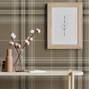 May include: A brown and beige plaid wallpaper with a wooden frame picture of a simple line drawing of a plant. A shelf with a glass vase with cotton stems, a brown bottle, and a book is in front of the wallpaper.