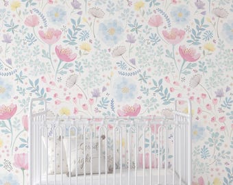 Pink & Blue Floral Wallpaper | Peel and Stick Nursery Wallpaper | Watercolor Flower Wall Mural | Removable Floral Wallpaper