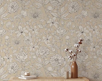 Botanical Line Art Floral Wallpaper | Beige Black White Line Drawing (Peel and Stick or Unpasted)