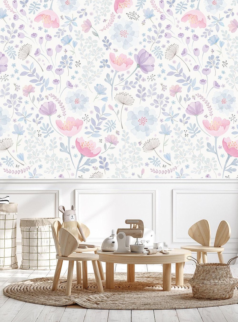 Watercolor Floral Wallpaper Mural | Pink & Purple, Non-Toxic image 4