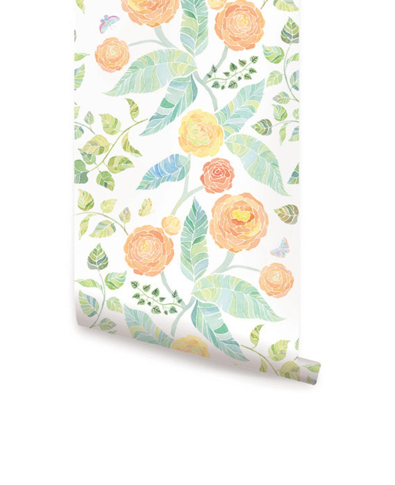 Spring Garden Flowers Orange Peel & Stick Fabric Wallpaper - Etsy
