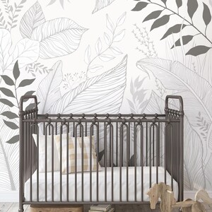 Hand Drawn Floral Leaves Mural Wall Covering | Grey | Peel and Stick or Unpasted Wallpaper Mural | Non-toxic image 2