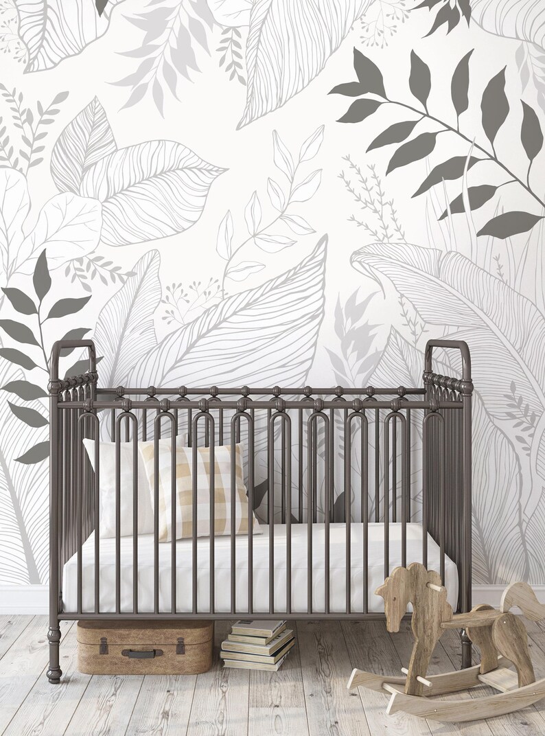 Hand Drawn Floral Leaves Mural Wall Covering | Grey | Peel and Stick or Unpasted Wallpaper Mural | Non-toxic image 2