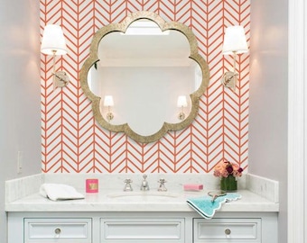 Herringbone Line Wall Covering | Orange White | Peel and Stick or Unpasted Wallpaper Mural | Non-toxic