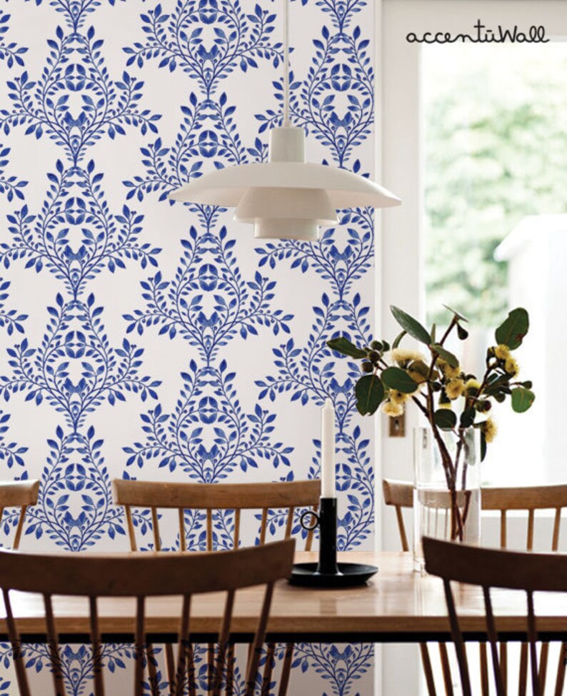 Damask Leaves Wallpaper Royal Blue Peel & Stick Fabric Etsy