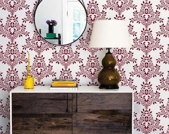 Damask Leaves Wall Covering | Red White | Peel and Stick or Unpasted Wallpaper Mural | Non-toxic