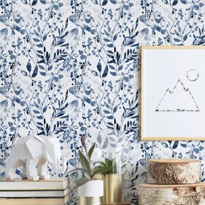Aquarell Laub Wandbespannung | Indigoblau | Schälen und Aufkleben oder nicht eingefügte Tapete Wandbild | Ungiftig Bild 3