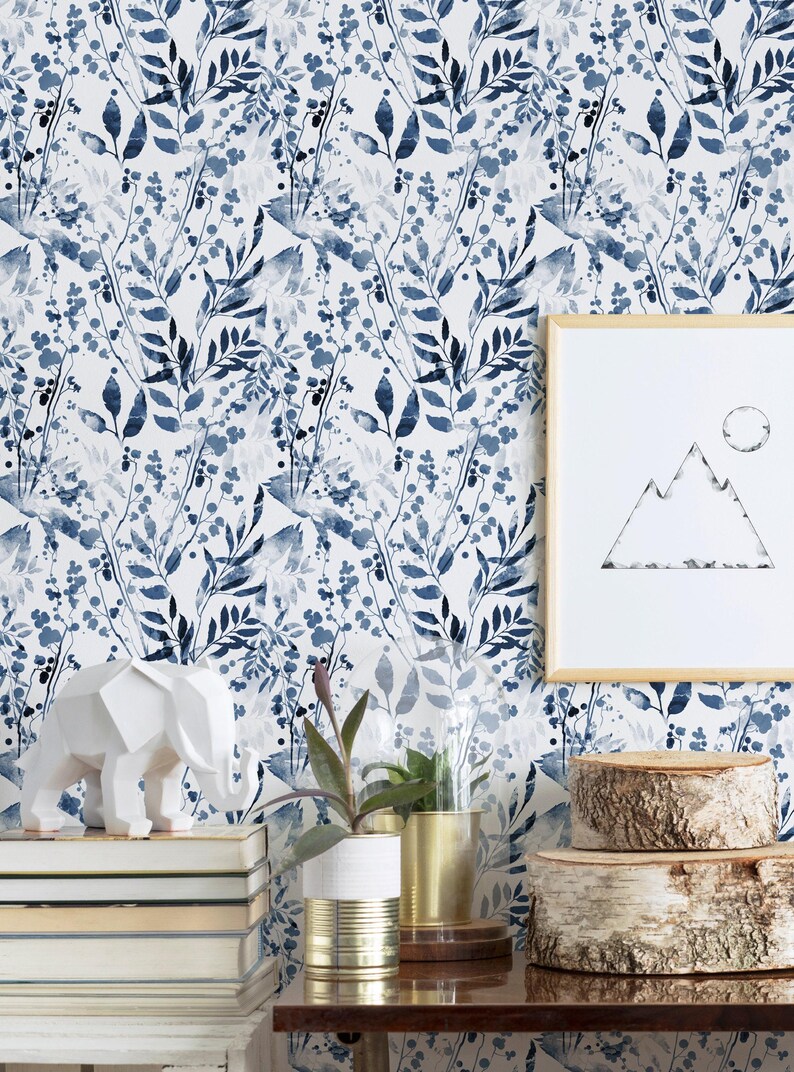 Aquarell Laub Wandbespannung | Indigoblau | Schälen und Aufkleben oder nicht eingefügte Tapete Wandbild | Ungiftig Bild 3