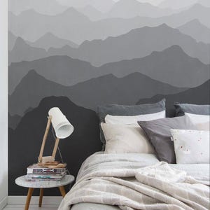 Mountain Mural Wallpaper, Black and White Grey Ombre Mountain Extra Large Wall Art,  Wall Mural