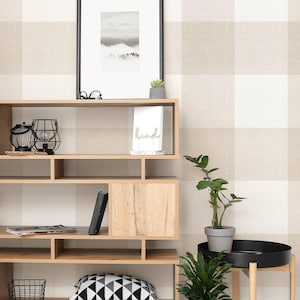 May include: A wooden bookshelf with open shelves and a closed cabinet door. The shelves are decorated with a black metal lantern, a white ceramic vase with a green plant, and a book with the word "Read" on it. There are also two plants in pots on the floor.