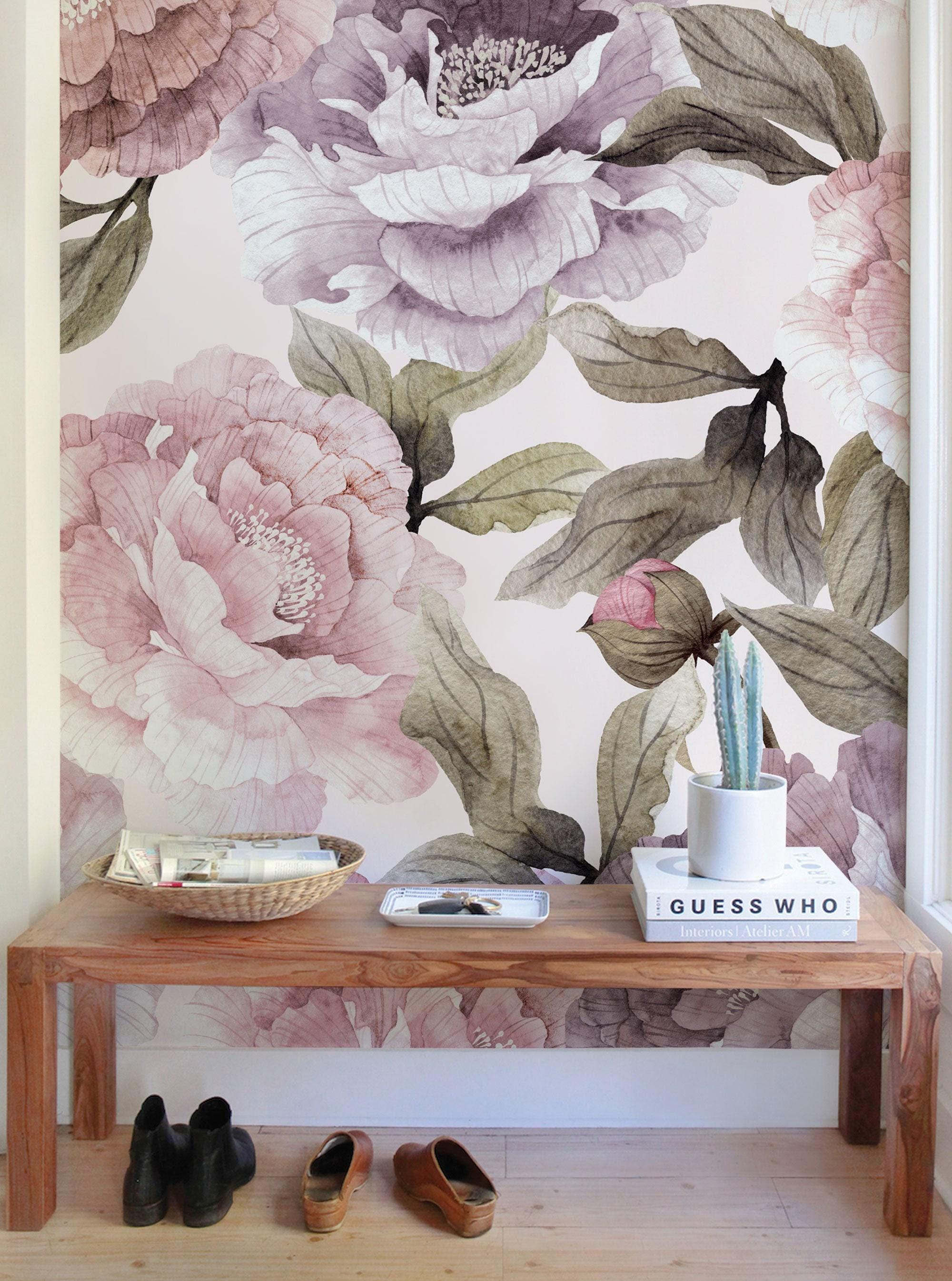 Watercolor Bloom Floral Wallpaper Mural Wall Covering | Pink and Purple ...