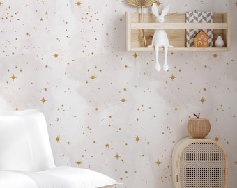 Stargazing Wall Covering | Off White Gold | Peel and Stick or Unpasted Wallpaper Mural | Non-toxic