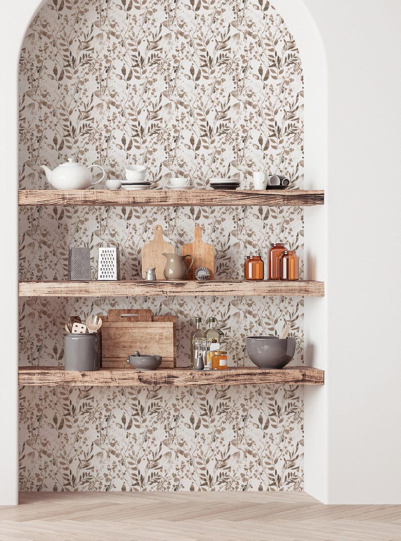 Watercolor Foliage Wall Covering | Brown | Peel and Stick or Unpasted Wallpaper Mural | Non-toxic image 2